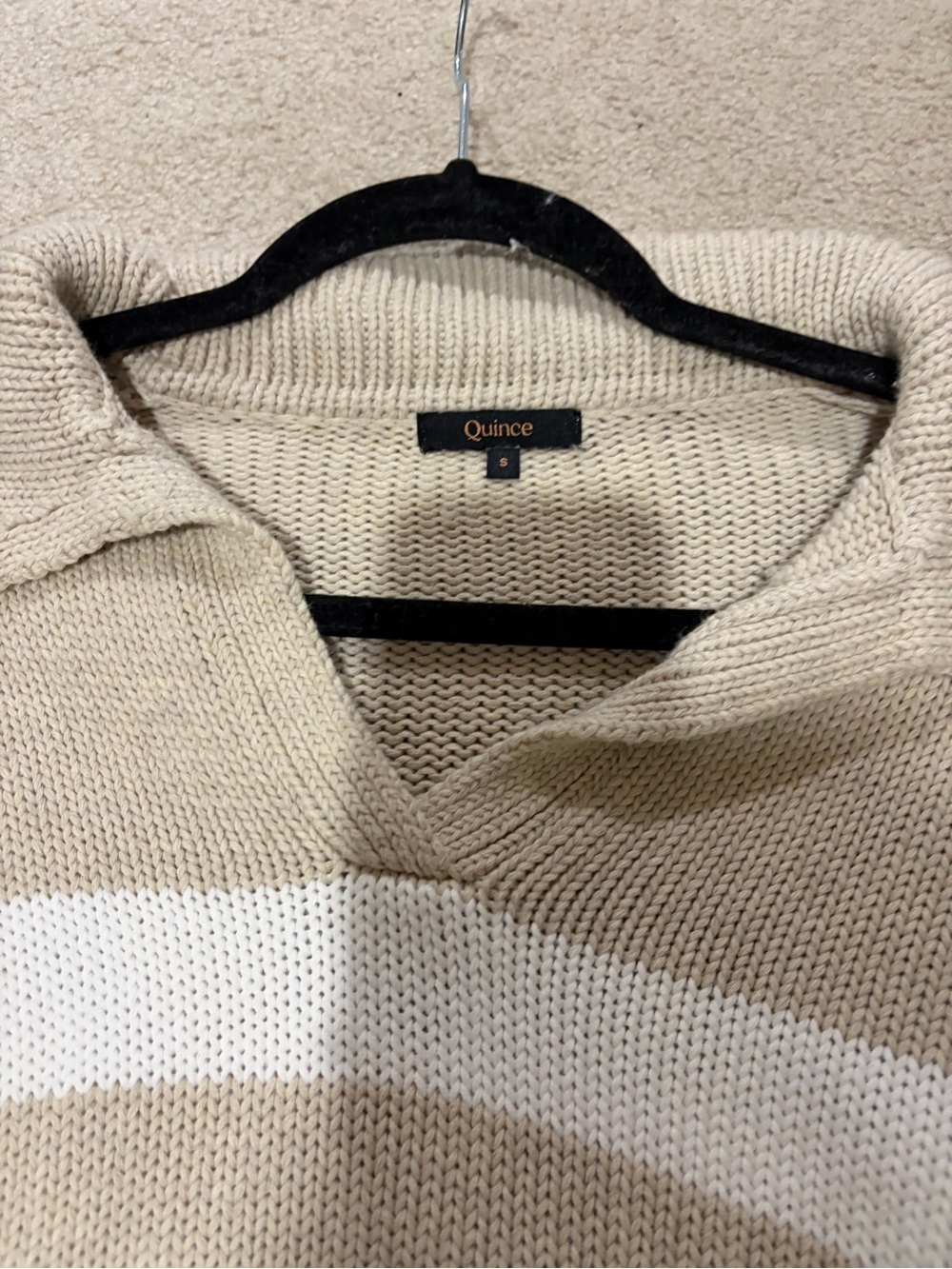 Quince Cropped Collared Stripe Sweater - Beige & White - Picture 2 of 3